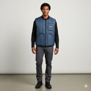 RefrigiWear Mens Quilted Insulated Vest Blue Black Full Zip Pockets Size Medium